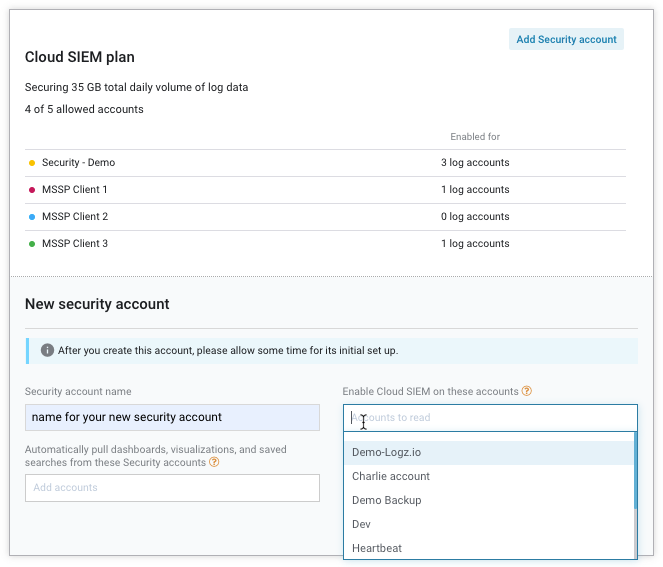 Configure a Cloud SIEM account