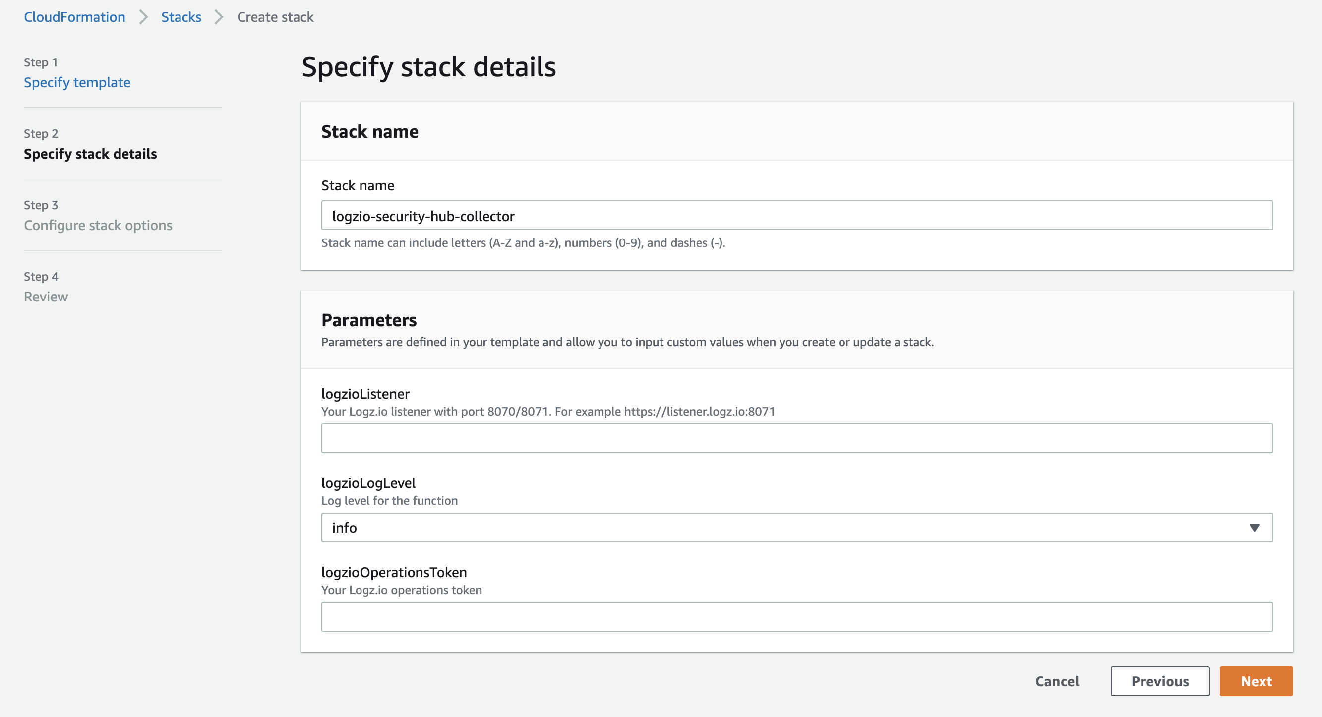 Specify stack details