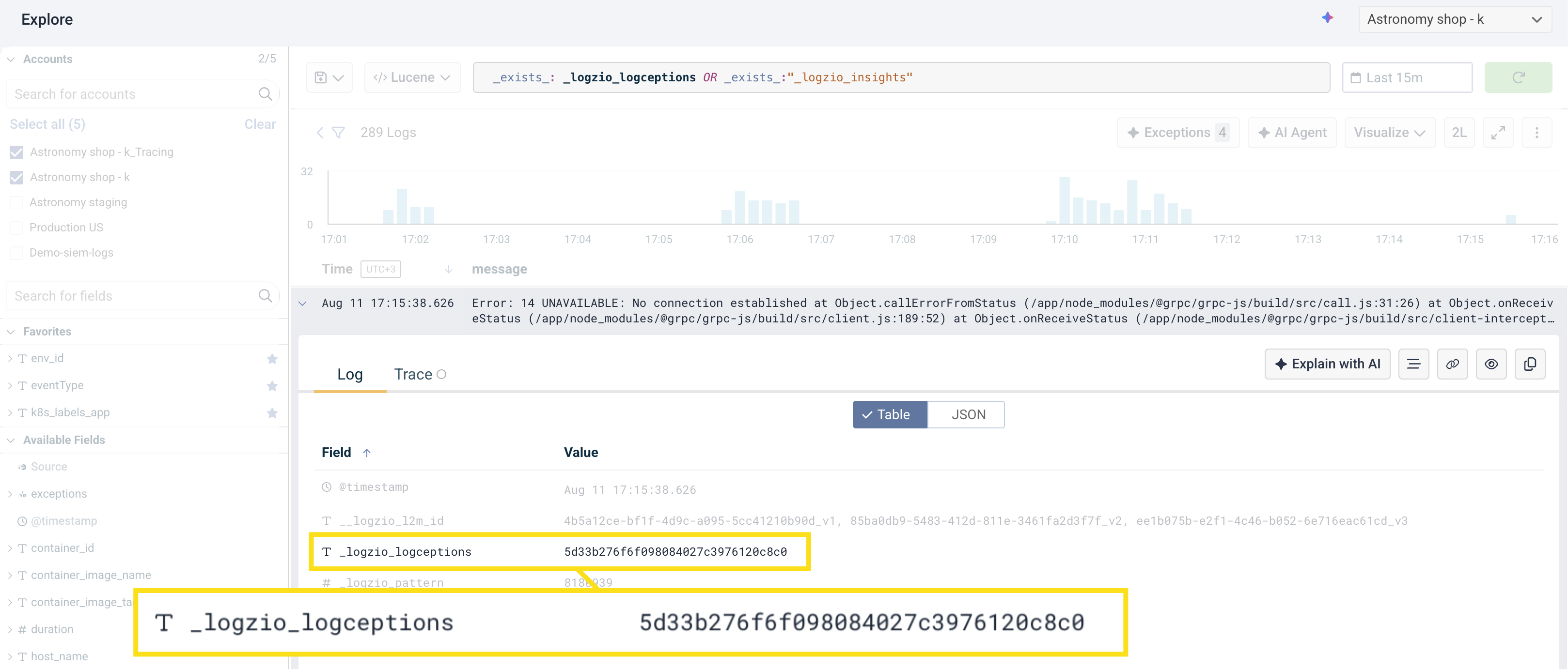 Find exceptions in Explore
