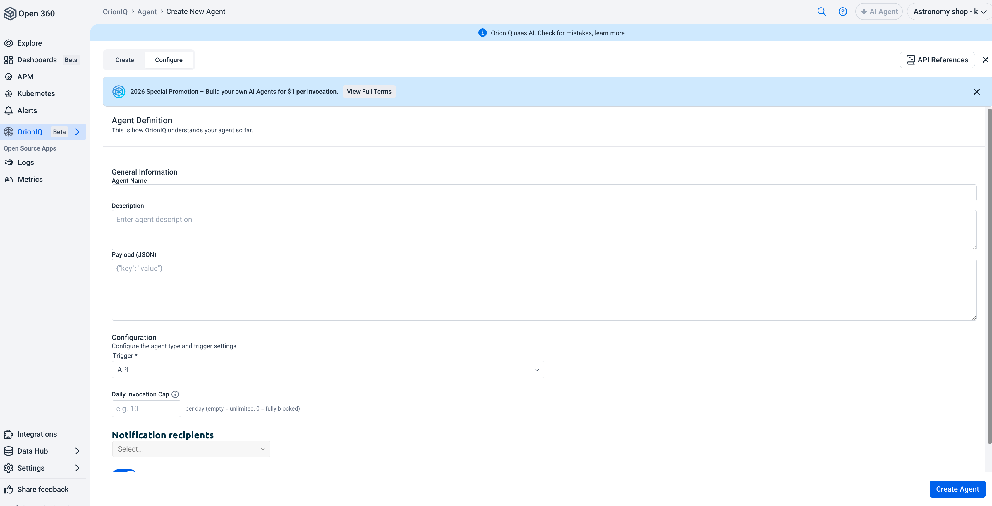 Configure tab with agent settings