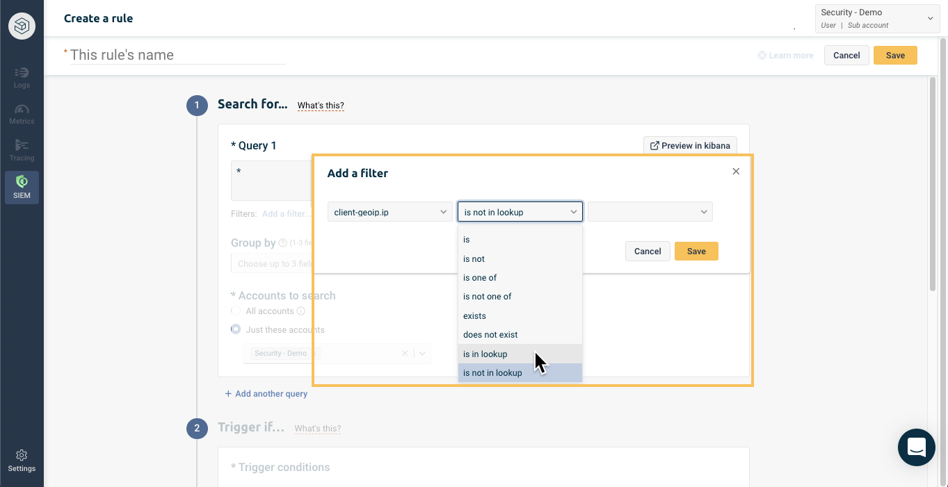 Filter by lookup in Layerlog security rule