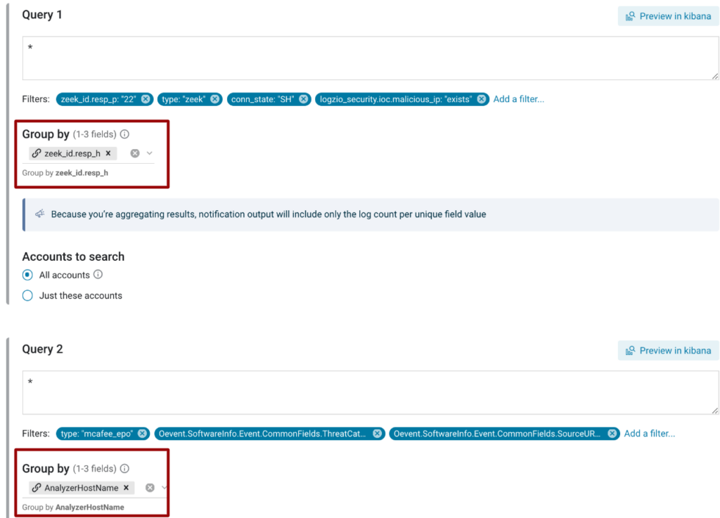 Now, make two new alerts to correlate in Logz.io Cloud SIEM