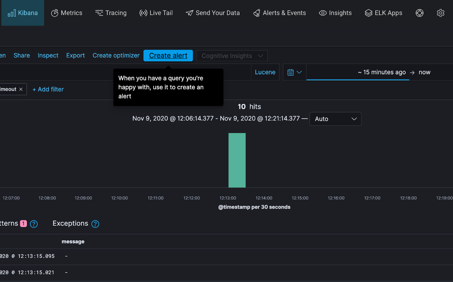 Create an alert for traces in Logz.io's UI of Kibana